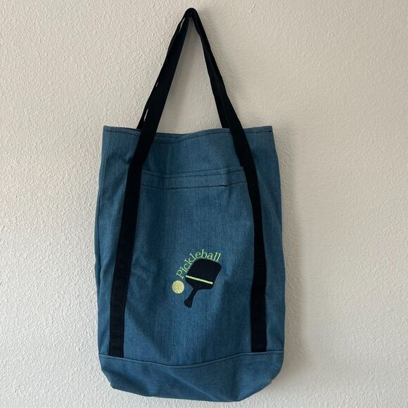 Pickleball Denim Tote Bag Blue Embroidery Paddle Ball Gift Carryall Shopper - Picture 1 of 6